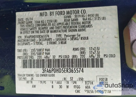2014 Ford Fusion Se z USA, uszkodzony, nr VIN 3FA6P0HD5ER365574